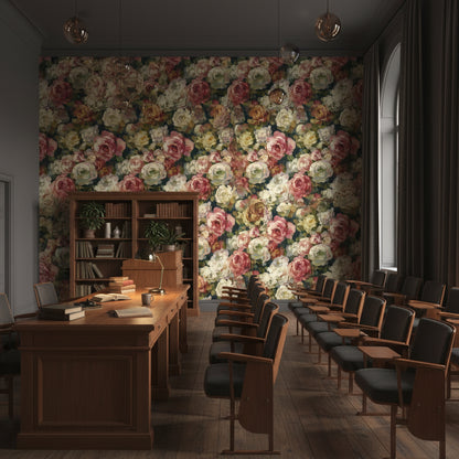 Vintage Gül Desenli Duvar Kağıdı Koyu Zemin Salon