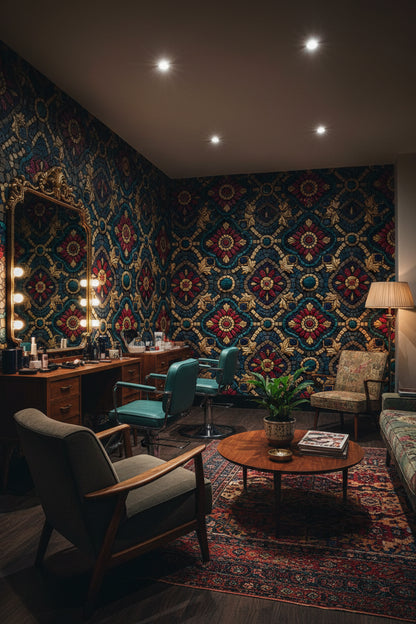 Mozaik Çiçek Desenli Duvar Kağıdı Lacivert Kırmızı Salon