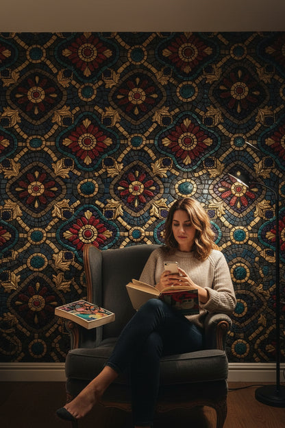 Mozaik Çiçek Desenli Duvar Kağıdı Lacivert Kırmızı Salon