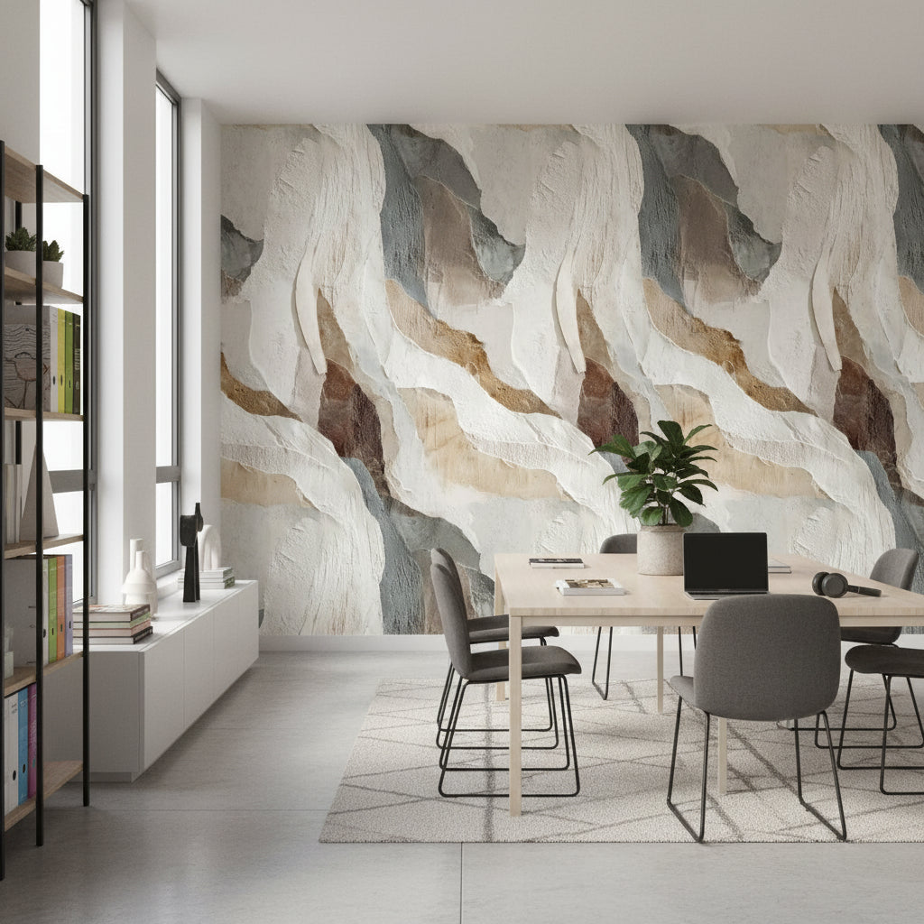 Soyut Mermer Desenli Duvar Kağıdı Bej Gri Modern Salon