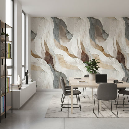 Soyut Mermer Desenli Duvar Kağıdı Bej Gri Modern Salon