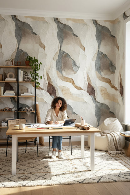 Soyut Mermer Desenli Duvar Kağıdı Bej Gri Modern Salon