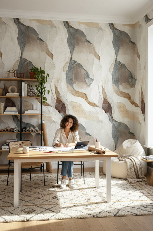 Soyut Mermer Desenli Duvar Kağıdı Bej Gri Modern Salon