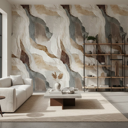 Soyut Mermer Desenli Duvar Kağıdı Bej Gri Modern Salon