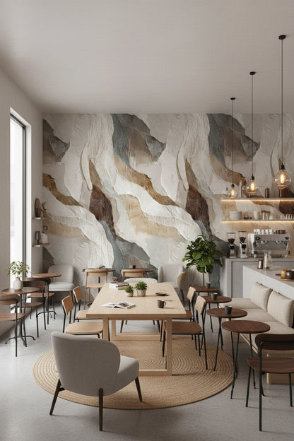 Soyut Mermer Desenli Duvar Kağıdı Bej Gri Modern Salon