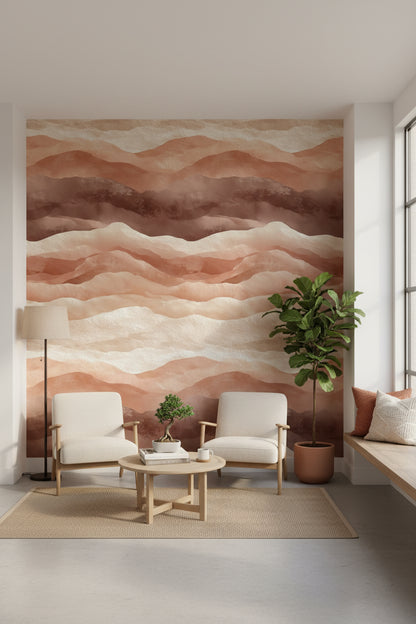 Soyut Dalga Desenli Duvar Kağıdı Terracotta Bej Salon Duvarı