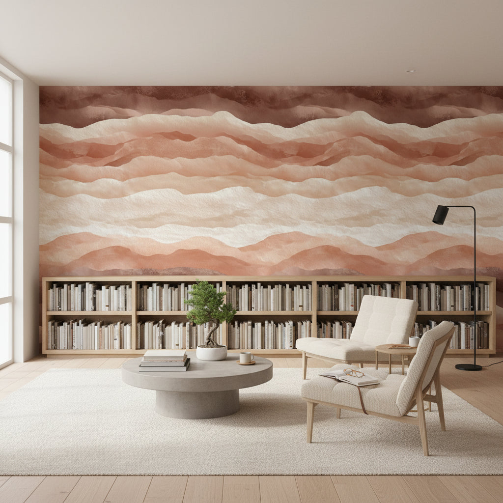 Soyut Dalga Desenli Duvar Kağıdı Terracotta Bej Salon Duvarı