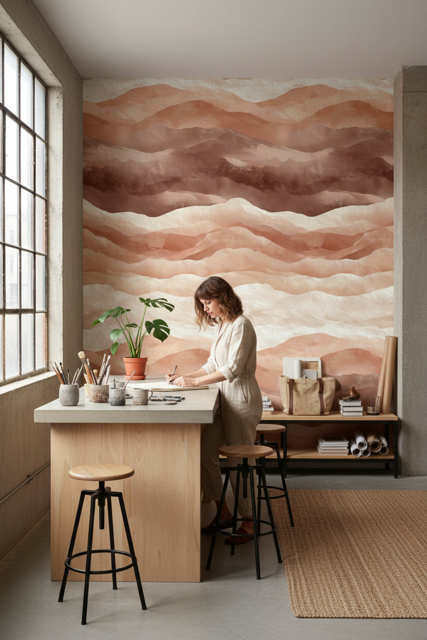 Soyut Dalga Desenli Duvar Kağıdı Terracotta Bej Salon Duvarı