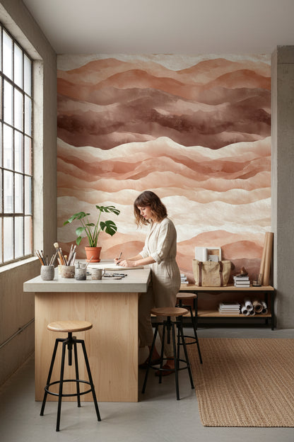 Soyut Dalga Desenli Duvar Kağıdı Terracotta Bej Salon Duvarı