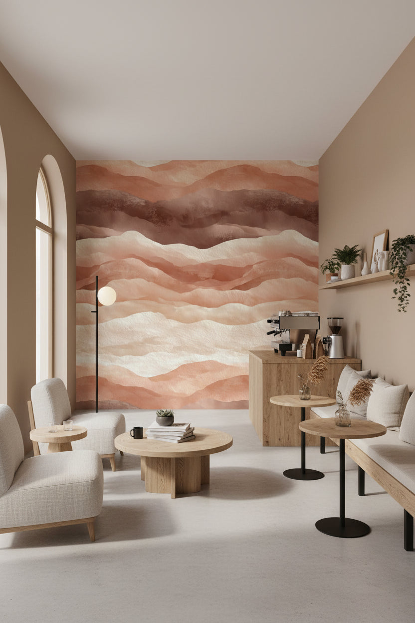 Soyut Dalga Desenli Duvar Kağıdı Terracotta Bej Salon Duvarı