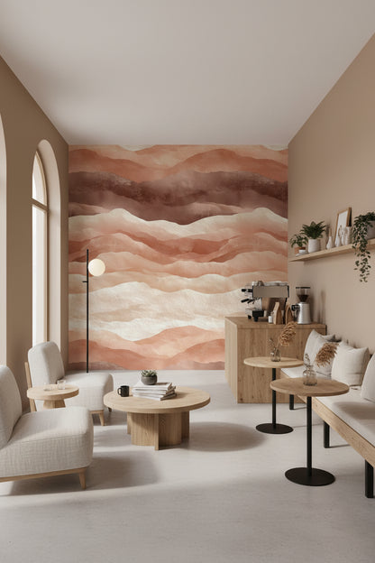 Soyut Dalga Desenli Duvar Kağıdı Terracotta Bej Salon Duvarı