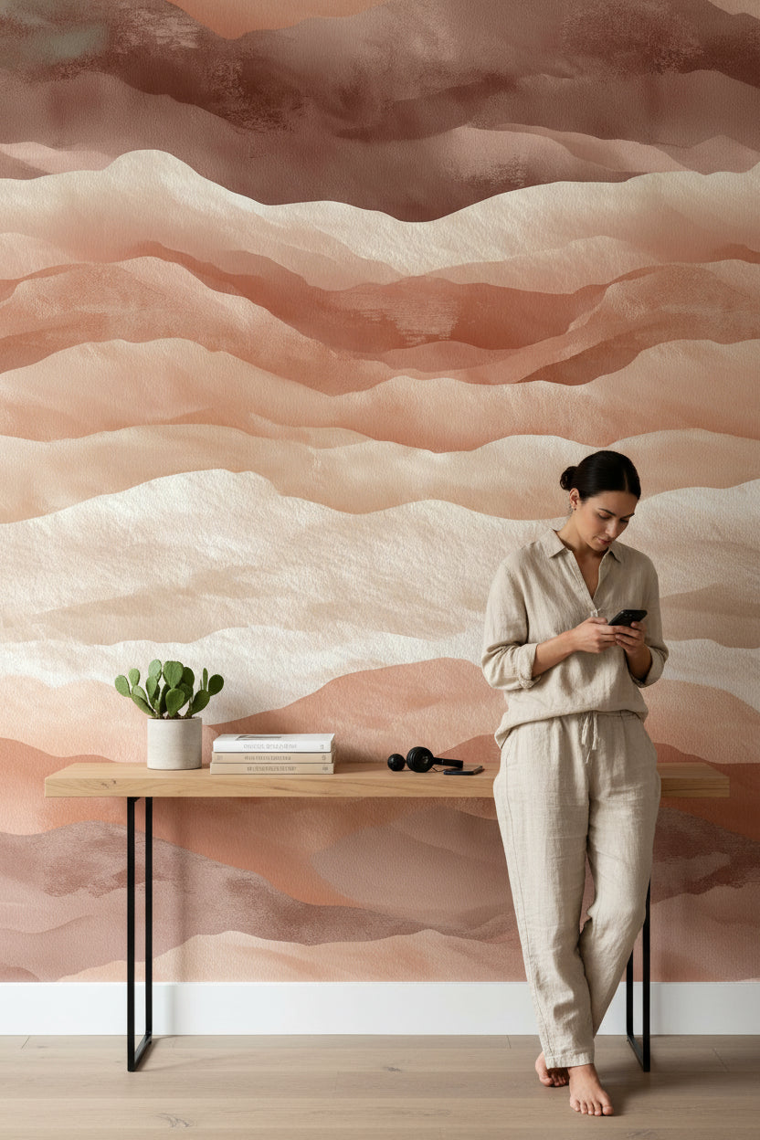 Soyut Dalga Desenli Duvar Kağıdı Terracotta Bej Salon Duvarı