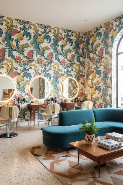 Vintage Yaprak Desenli Duvar Kağıdı Mavi Sarı Salon