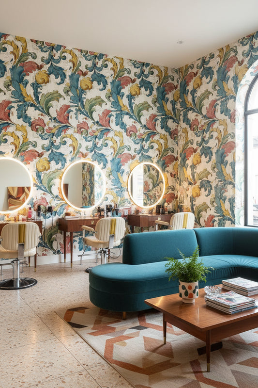 Vintage Yaprak Desenli Duvar Kağıdı Mavi Sarı Salon