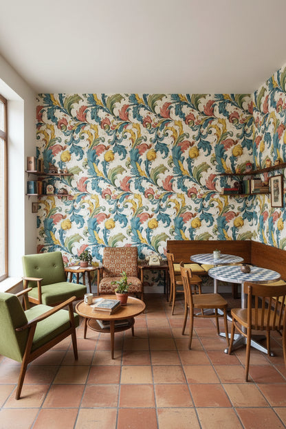 Vintage Yaprak Desenli Duvar Kağıdı Mavi Sarı Salon