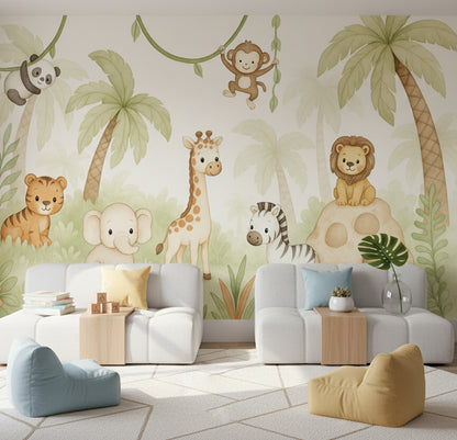 Safari Hayvanlı Poster Duvar Kağıdı Pastel Yeşil Çocuk Odası