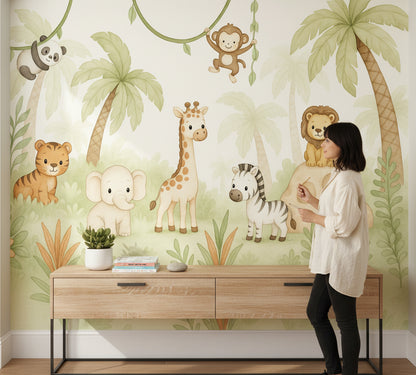 Safari Hayvanlı Poster Duvar Kağıdı Pastel Yeşil Çocuk Odası