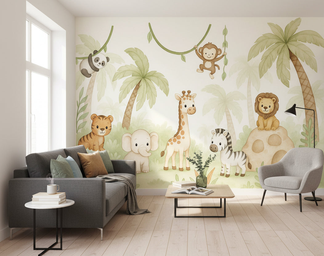 Safari Hayvanlı Poster Duvar Kağıdı Pastel Yeşil Çocuk Odası