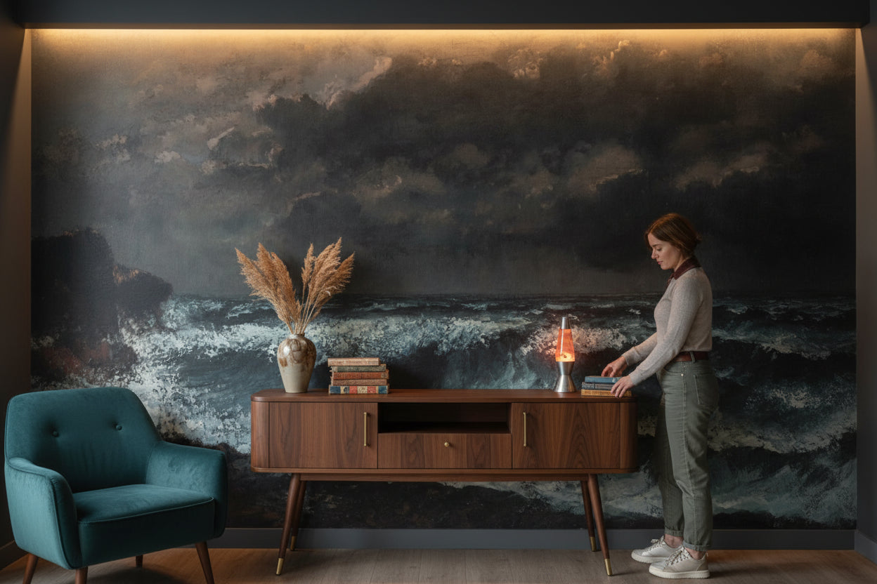 Fırtınalı Deniz Manzaralı Poster Duvar Kağıdı Koyu Ton Salon