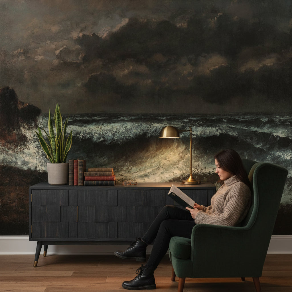 Fırtınalı Deniz Manzaralı Poster Duvar Kağıdı Koyu Ton Salon