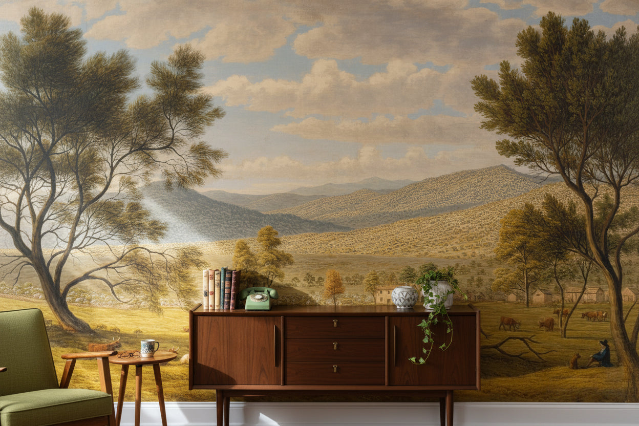 Kır Manzaralı Poster Duvar Kağıdı Bej Tonlarda Vintage Salon