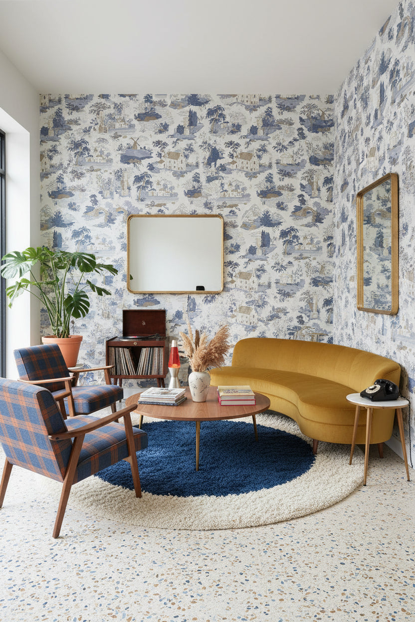 Pastoral Köy Manzaralı Duvar Kağıdı Mavi Beyaz Salon