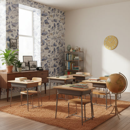 Pastoral Köy Manzaralı Duvar Kağıdı Mavi Beyaz Salon