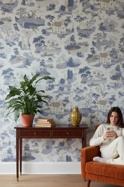 Pastoral Köy Manzaralı Duvar Kağıdı Mavi Beyaz Salon
