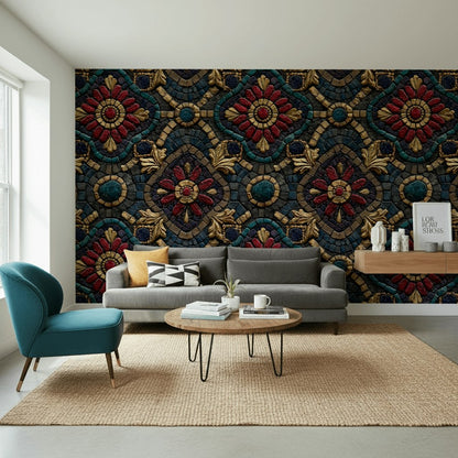 Mozaik Çiçek Desenli Duvar Kağıdı Lacivert Kırmızı Salon
