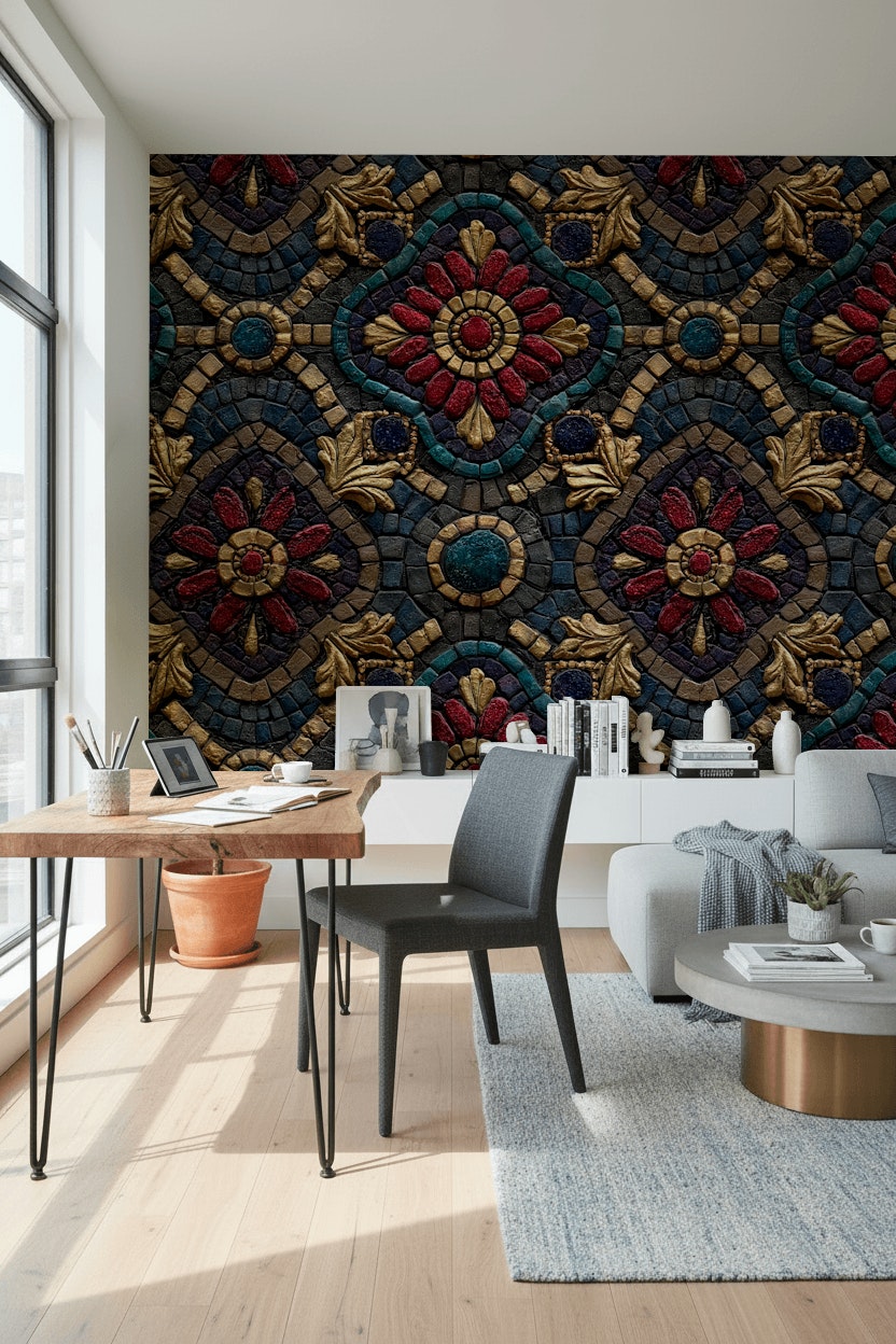 Mozaik Çiçek Desenli Duvar Kağıdı Lacivert Kırmızı Salon