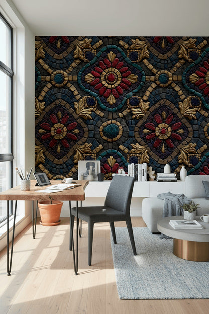Mozaik Çiçek Desenli Duvar Kağıdı Lacivert Kırmızı Salon