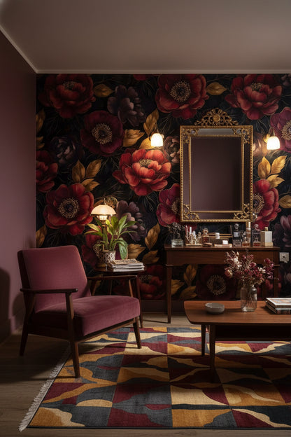 Bordo Büyük Çiçekli Duvar Kağıdı Koyu Zemin Salon
