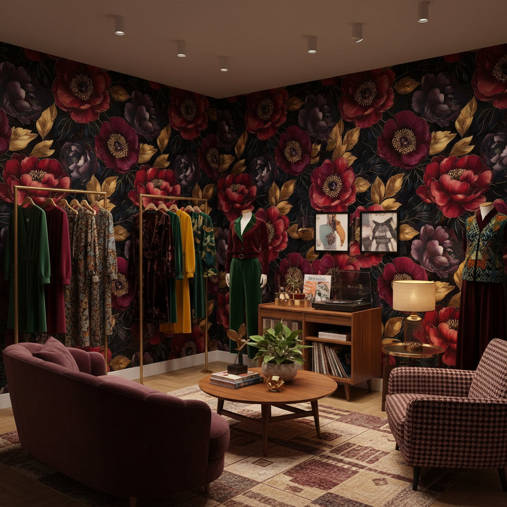 Bordo Büyük Çiçekli Duvar Kağıdı Koyu Zemin Salon