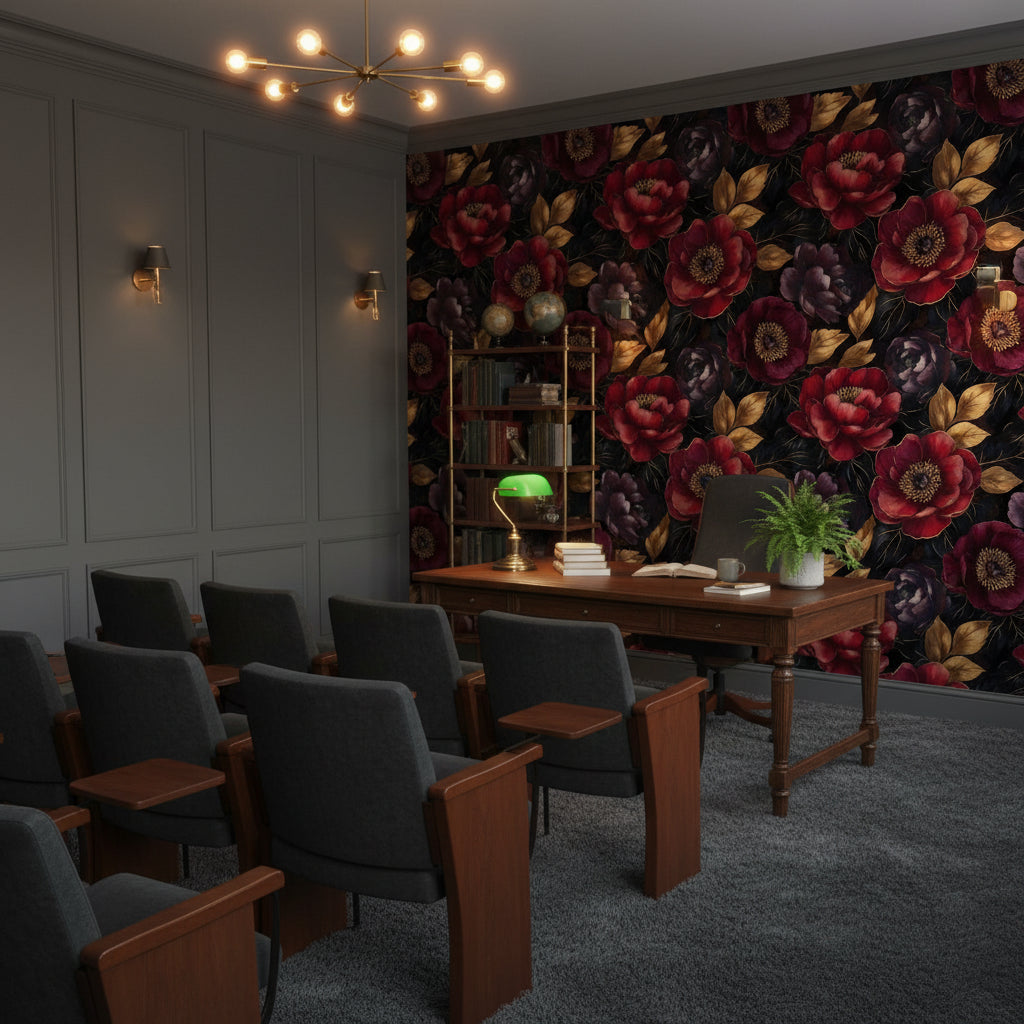 Bordo Büyük Çiçekli Duvar Kağıdı Koyu Zemin Salon