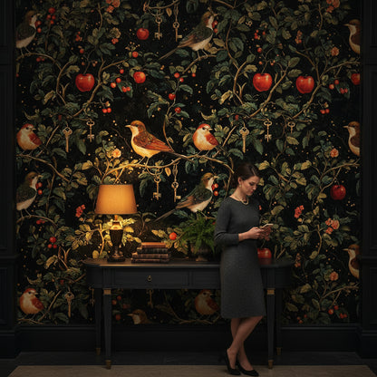Kuşlu Meyveli Duvar Kağıdı Koyu Yeşil Vintage Desen