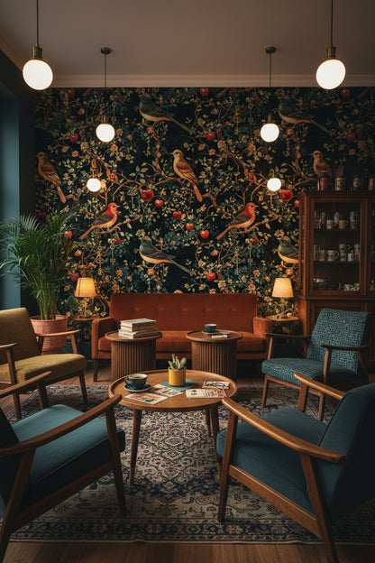 Kuşlu ve Anahtarlı Duvar Kağıdı Koyu Yeşil Vintage Salon