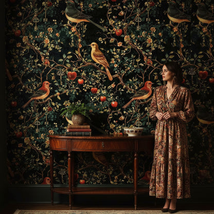Kuşlu ve Anahtarlı Duvar Kağıdı Koyu Yeşil Vintage Salon