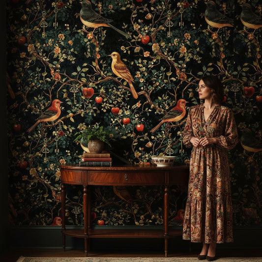 Kuşlu ve Anahtarlı Duvar Kağıdı Koyu Yeşil Vintage Salon