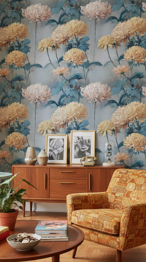 Vintage Krizantem Çiçekli Duvar Kağıdı Mavi Sarı Salon