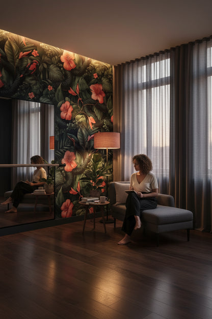 Yılanlı Kuşlu Tropik Duvar Kağıdı Koyu Yeşil Salon