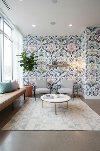 Suluboya Damask Desenli Duvar Kağıdı Mor Yeşil Salon