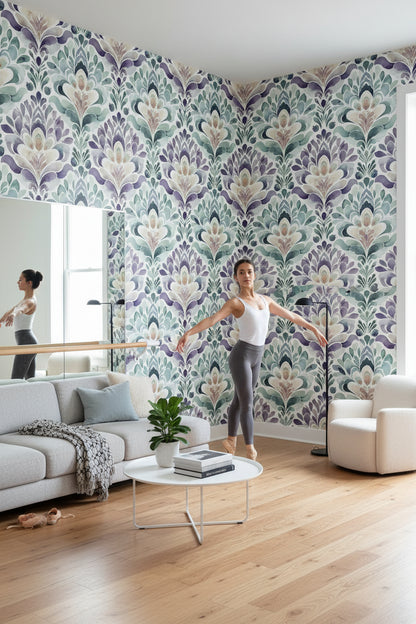 Suluboya Damask Desenli Duvar Kağıdı Mor Yeşil Salon