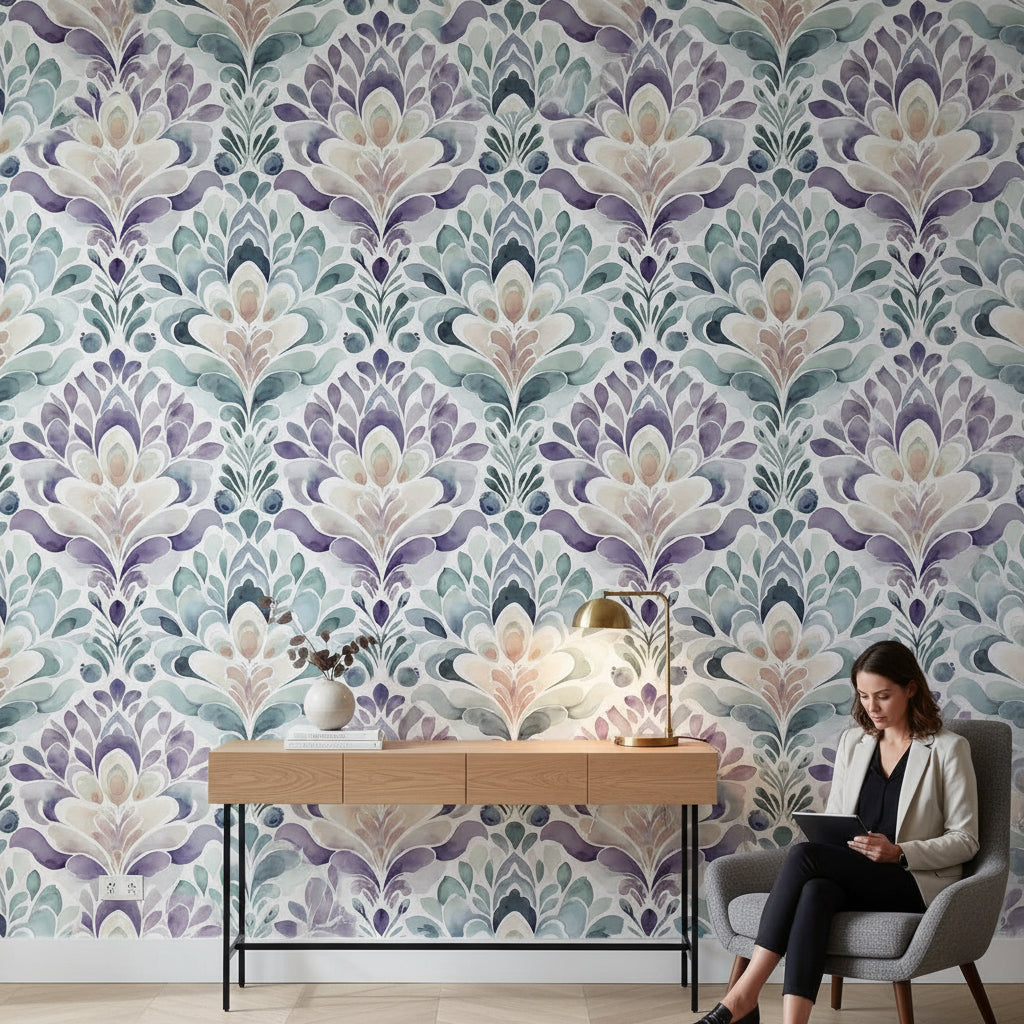 Suluboya Damask Desenli Duvar Kağıdı Mor Yeşil Salon