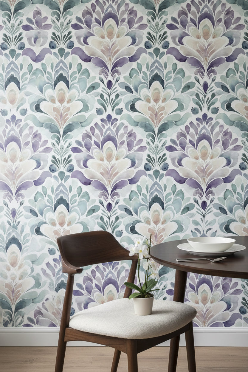Suluboya Damask Desenli Duvar Kağıdı Mor Yeşil Salon