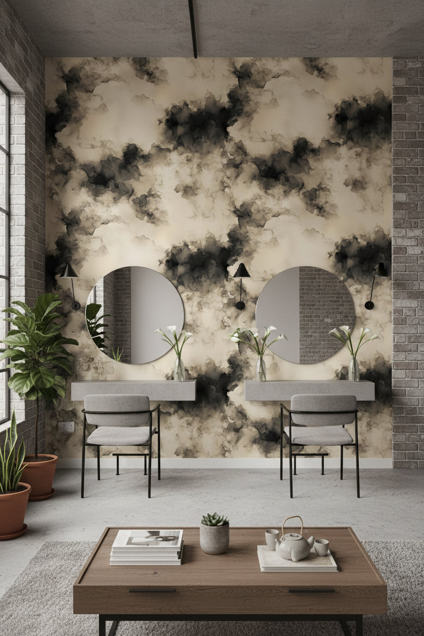 Soyut Bulut Desenli Duvar Kağıdı Siyah Bej Salon