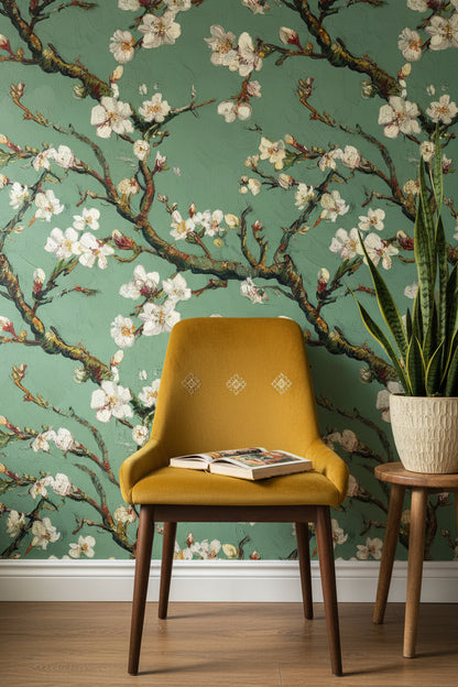 Beyaz Çiçekli Dallı Duvar Kağıdı Yeşil Vintage Salon