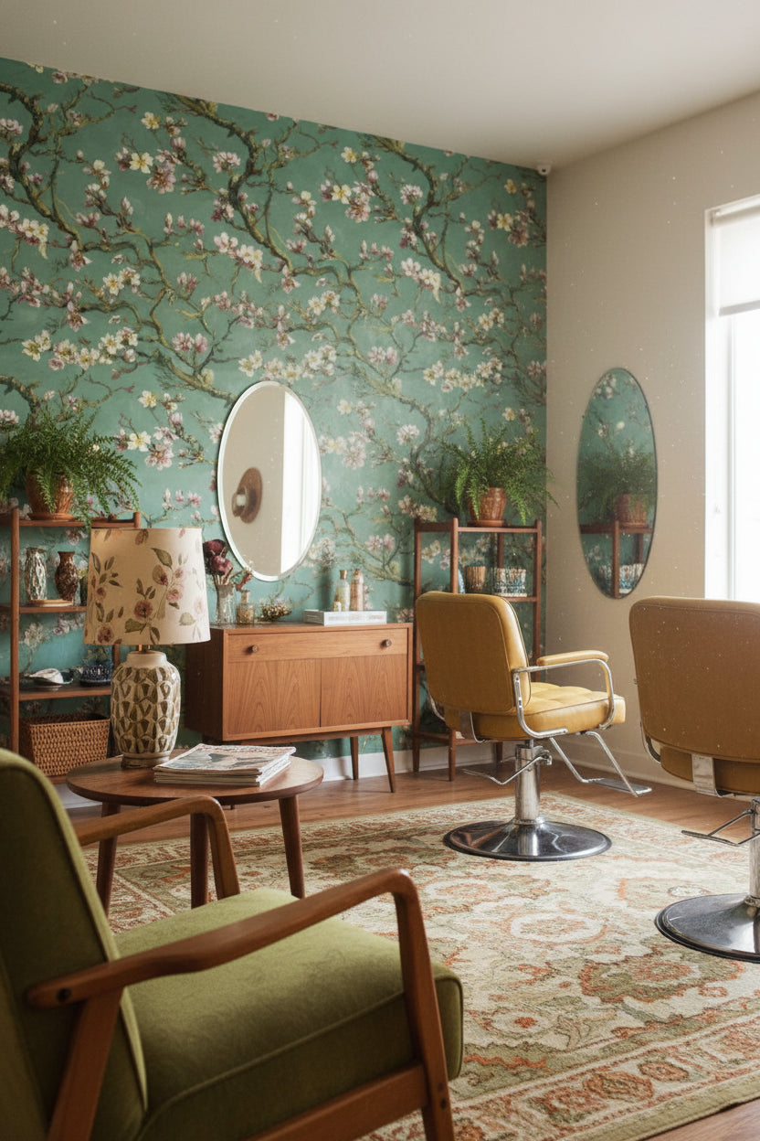 Çiçekli Dal Desenli Duvar Kağıdı Yeşil Salon