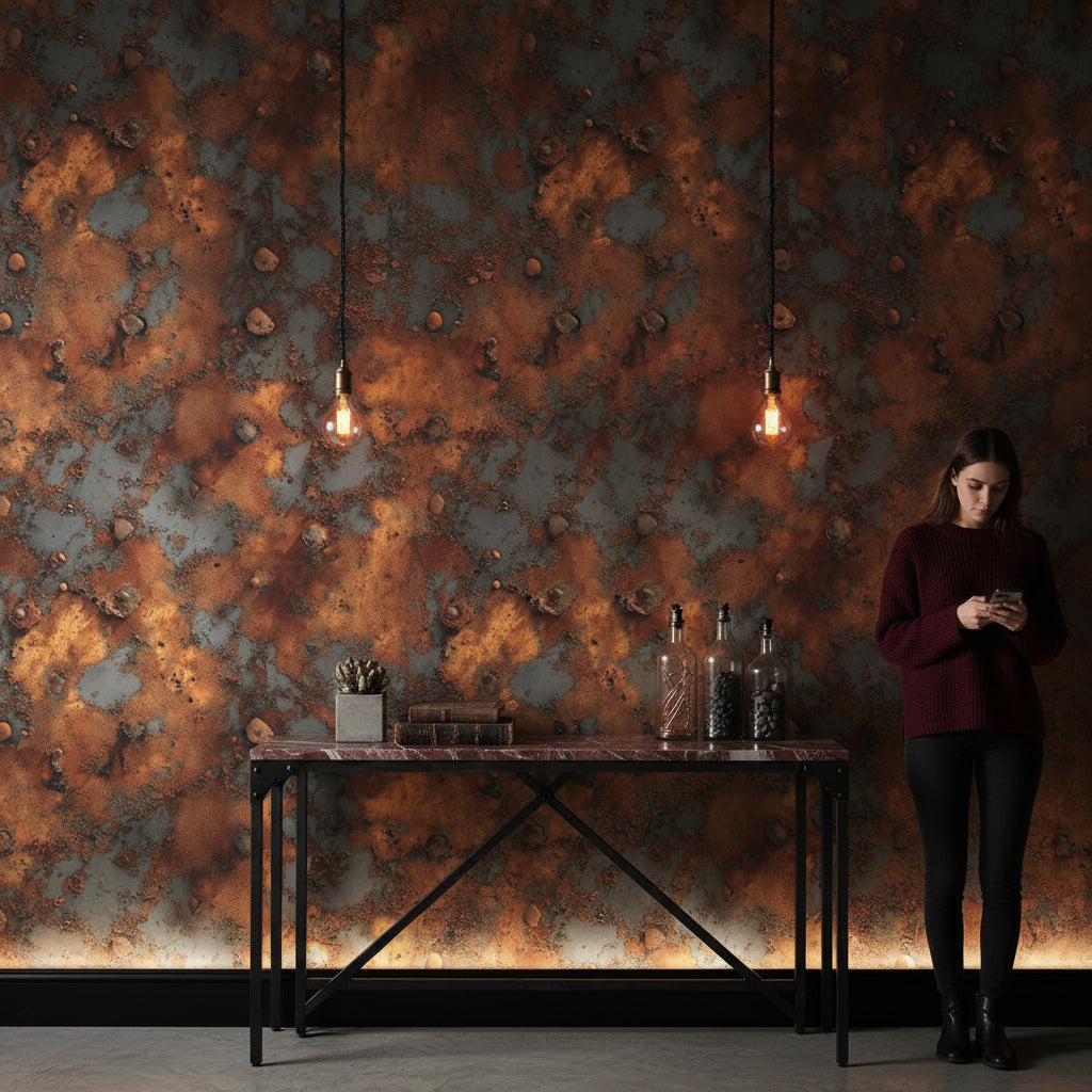 Paslı Metal Desenli Duvar Kağıdı Endüstriyel Kahverengi Gri Salon