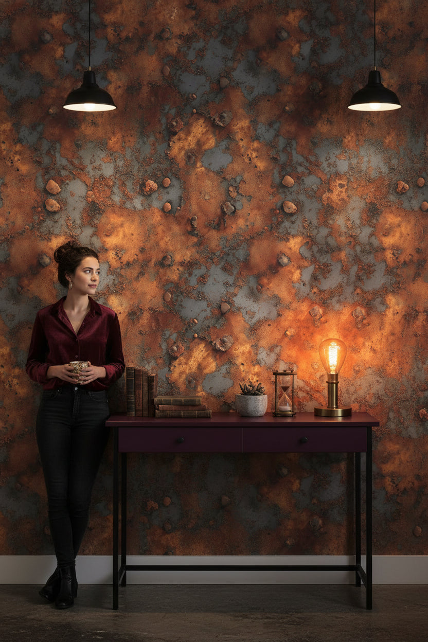 Paslı Metal Desenli Duvar Kağıdı Endüstriyel Kahverengi Gri Salon
