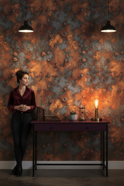 Paslı Metal Desenli Duvar Kağıdı Endüstriyel Kahverengi Gri Salon